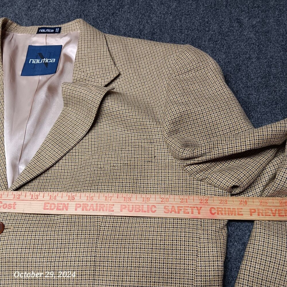 Nautica Blazer Men 44 Long Brown Mini Plaid 3 Button Silk‎ and Worsted Wool - Picture 3 of 8